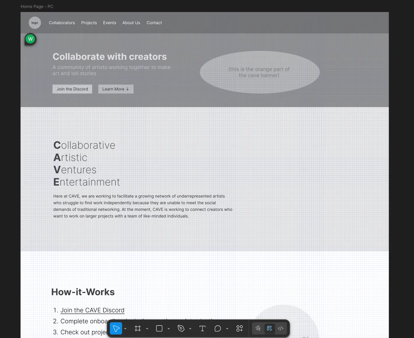 The CAVE wireframe in Figma The CAVE wireframe in Figma